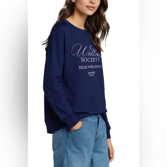 WILDFOX ‘Wellness Society’ Keely Raglan Sweatshirt in Medieval Blue - Picture 6 of 11